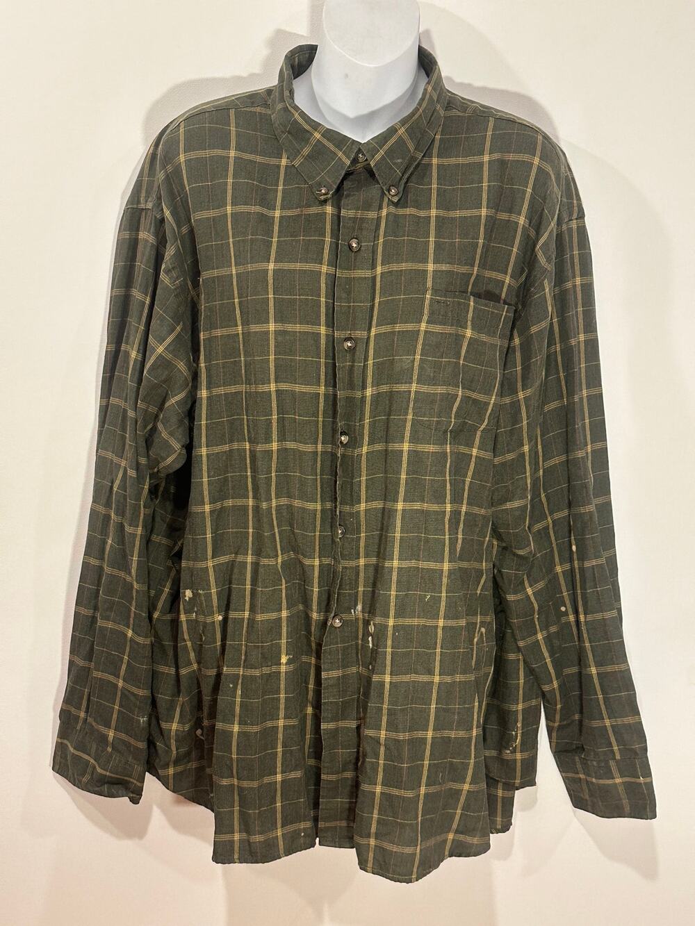 Vintage Arrow USA Forest Green Plaid Button Down Flannel Shirt Distressed XXL